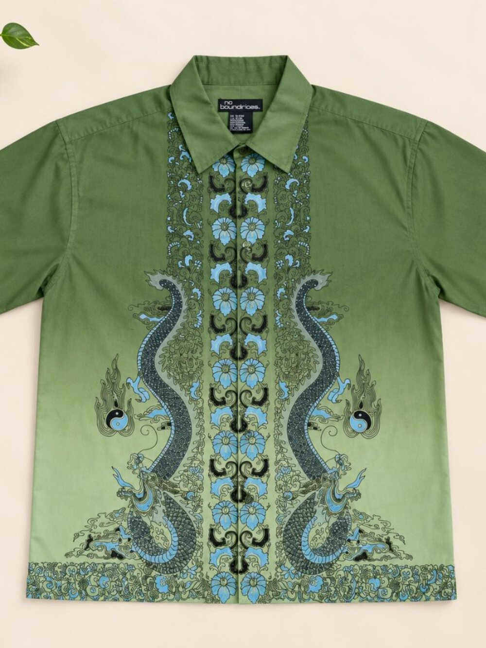 No Boundaries Men's Green Dragon Graphic Button Down Shirt Y2K Size S